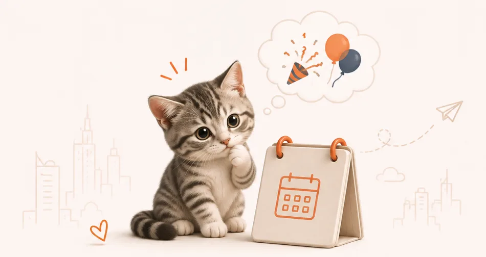 Un gato mirando un calendario, soñando con una celebración